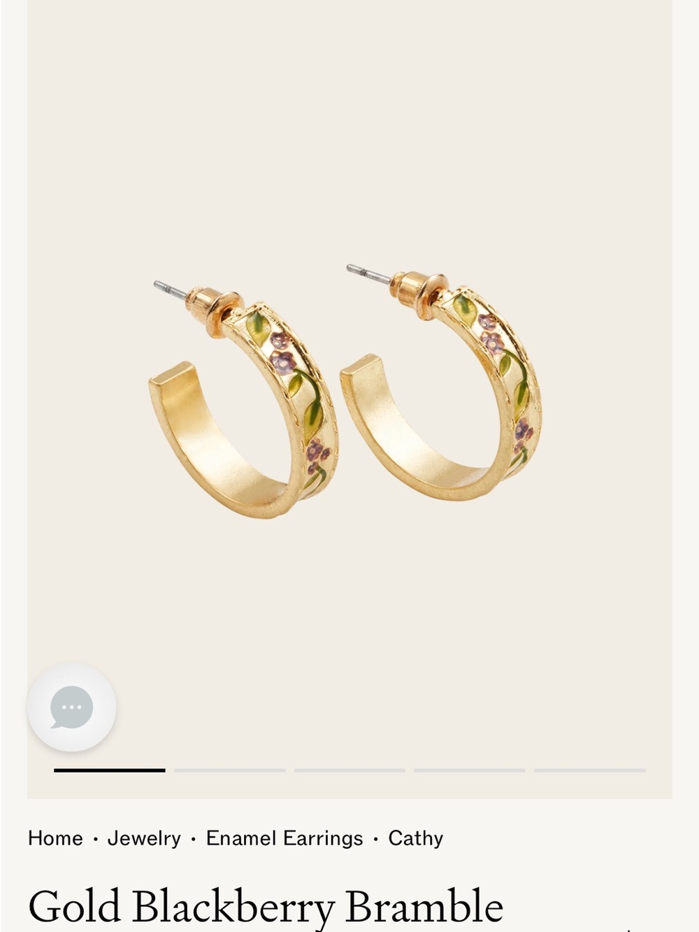 Gold Enamel Hoop Earrings with Purple Berry and Green Leaf Detail
